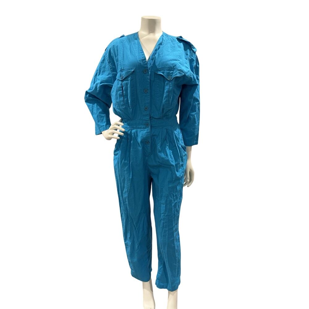 Vintage 80s Ashleigh Morgan Sport Sz L Blue Cotton Jumpsuit Shoulder Epaulettes